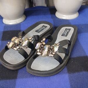 Chic Black Sandals with Iridescent Embellishments